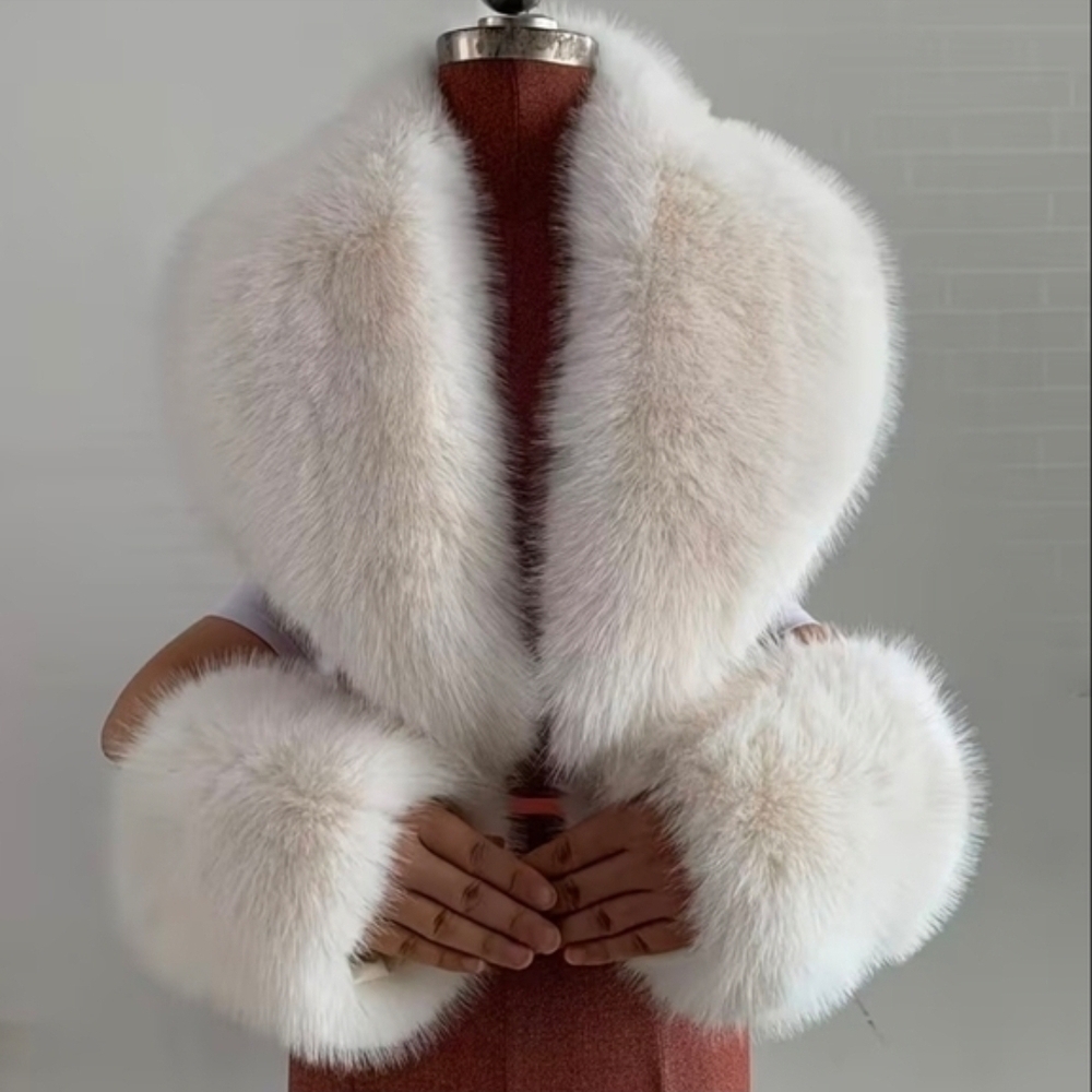 Chic White Faux Fox Fur Cruelty Free Collar And Cuffs. New